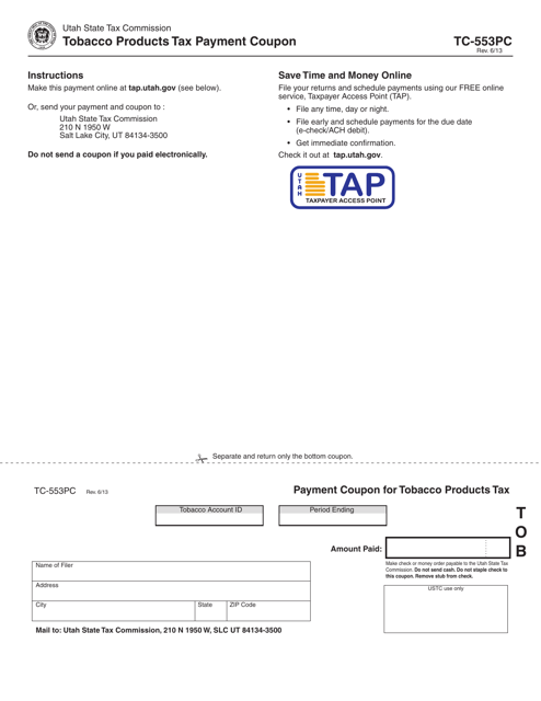 Form TC-553PC Tobacco Products Tax Payment Coupon - Utah