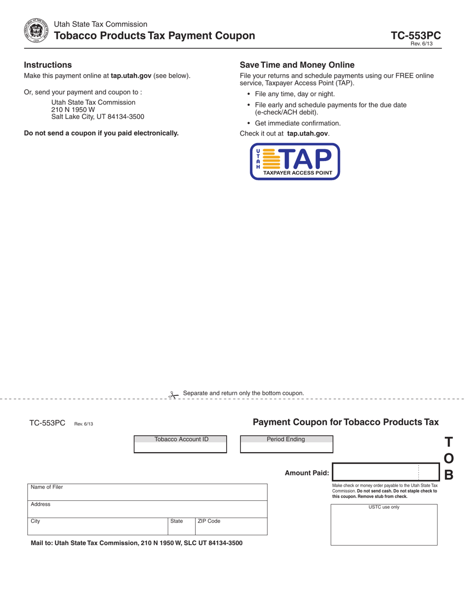 Form TC-553PC Tobacco Products Tax Payment Coupon - Utah, Page 1