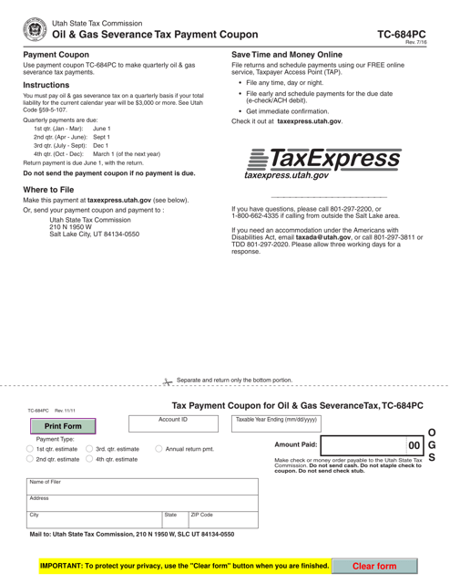 Form TC-684PC Oil & Gas Severance Tax Payment Coupon - Utah