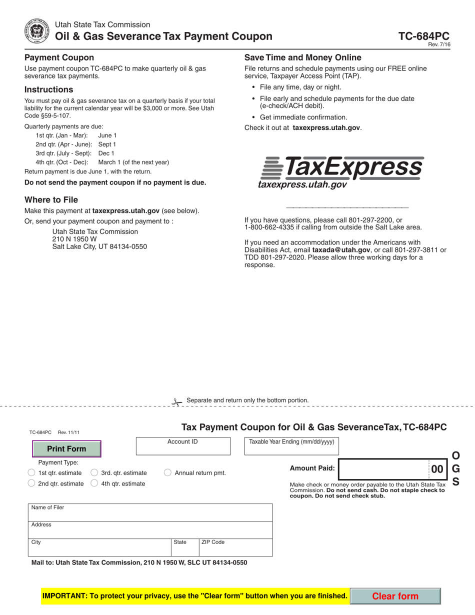 Form TC-684PC Oil  Gas Severance Tax Payment Coupon - Utah, Page 1