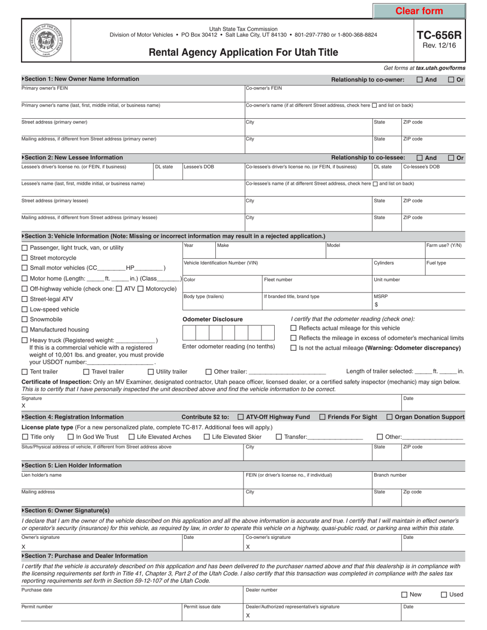 Form TC-656R Rental Agency Application for Utah Title - Utah, Page 1