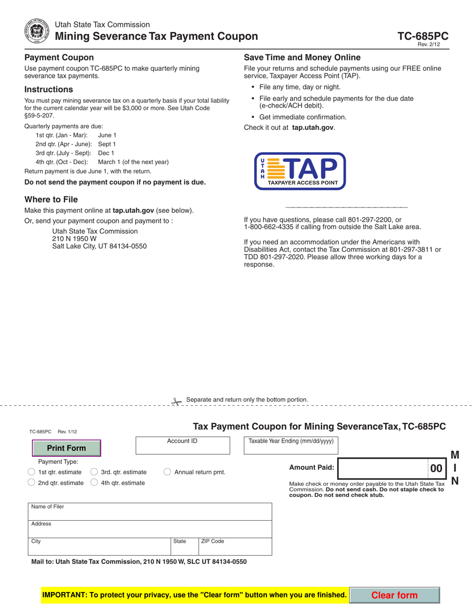 Form TC-685PC Mining Severance Tax Payment Coupon - Utah, Page 1