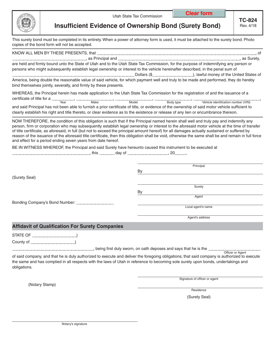Form TC-824 Insufficient Evidence of Ownership Bond (Surety Bond) - Utah, Page 1