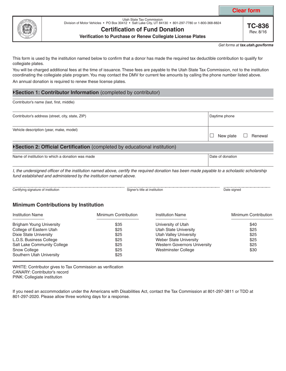 Form TC-836 Certification of Fund Donation - Verification to Purchase or Renew Collegiate License Plates - Utah, Page 1