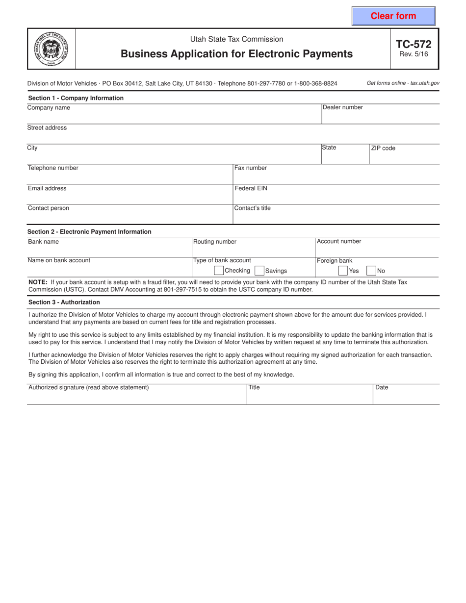 Form TC-572 Business Application for Electronic Payments - Utah, Page 1