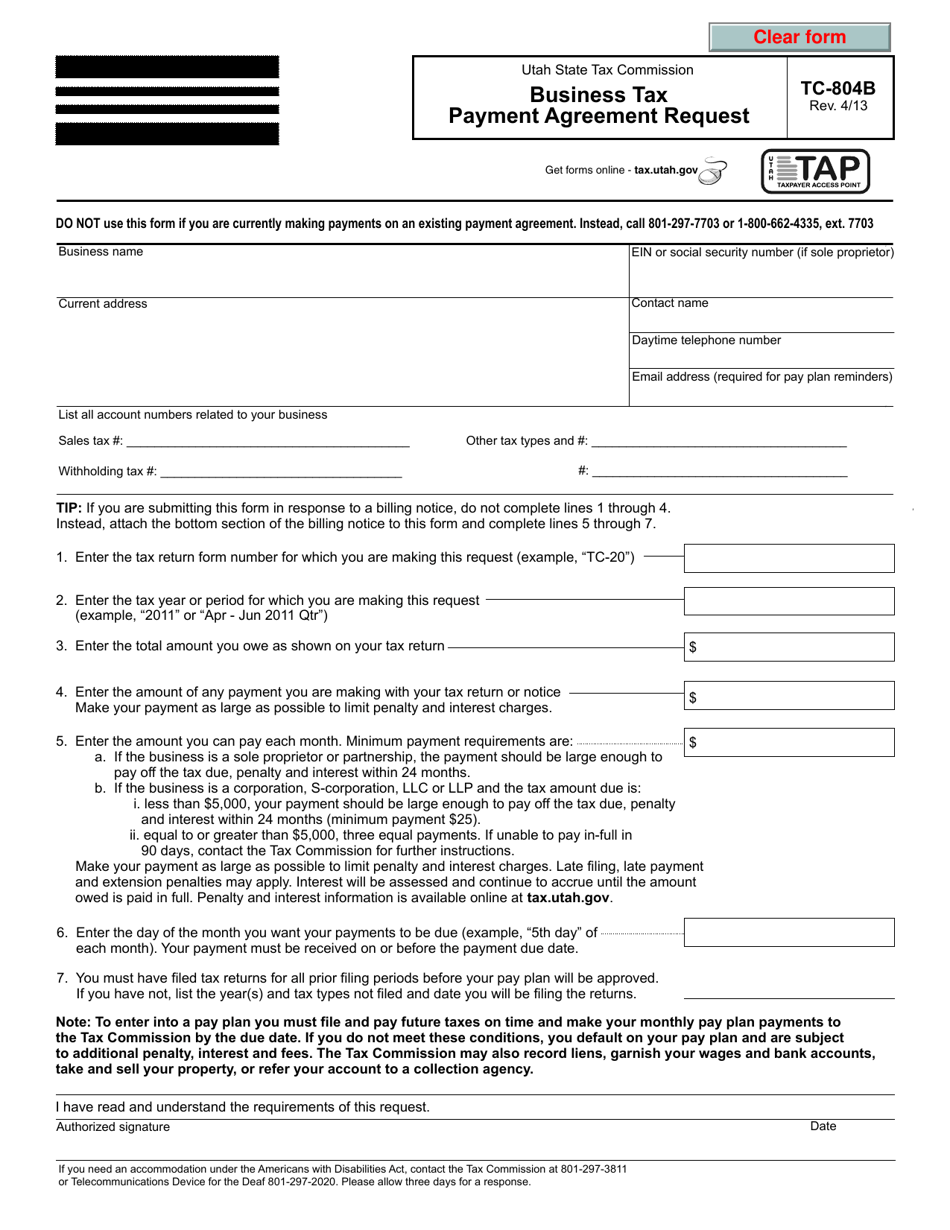 Form TC-804B Business Tax Payment Agreement Request - Utah, Page 1