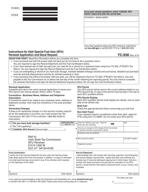 Form TC-938 Instructions for Utah Special Fuel User (Sfu) Renewal Application and Decal Request - Utah