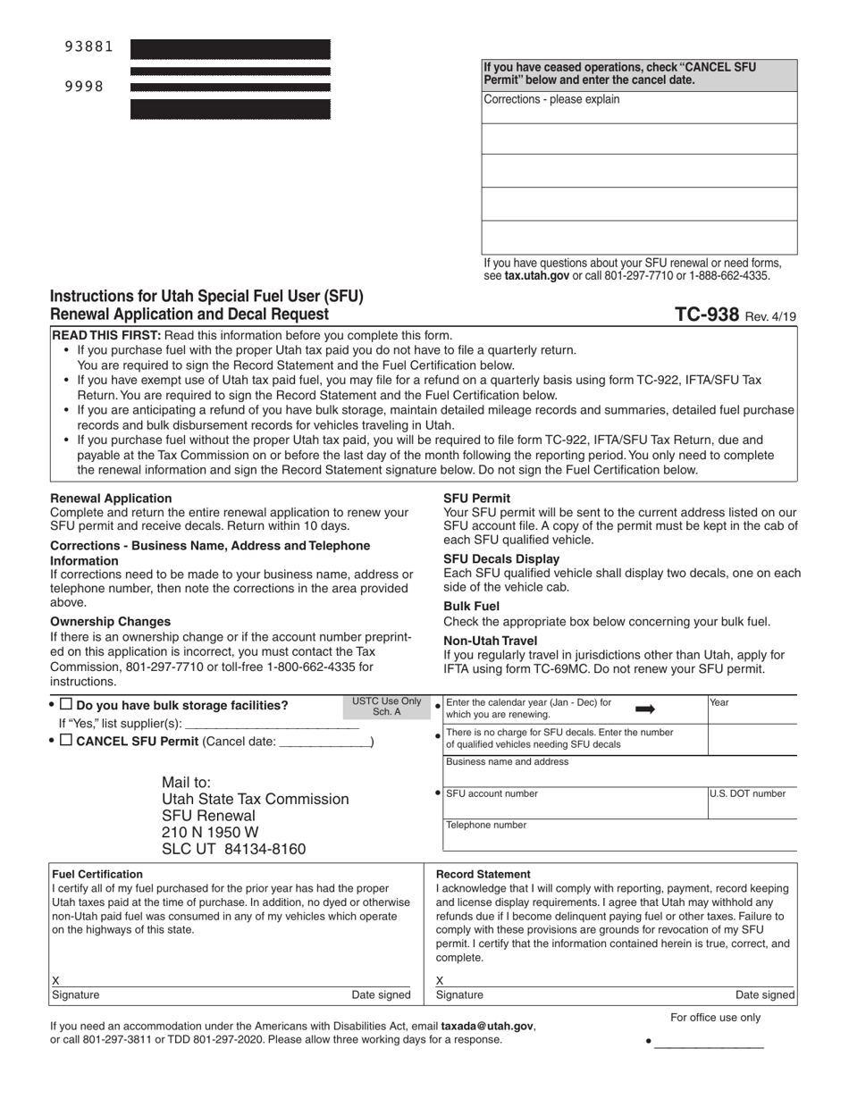 Form TC-938 Instructions for Utah Special Fuel User (Sfu) Renewal Application and Decal Request - Utah, Page 1