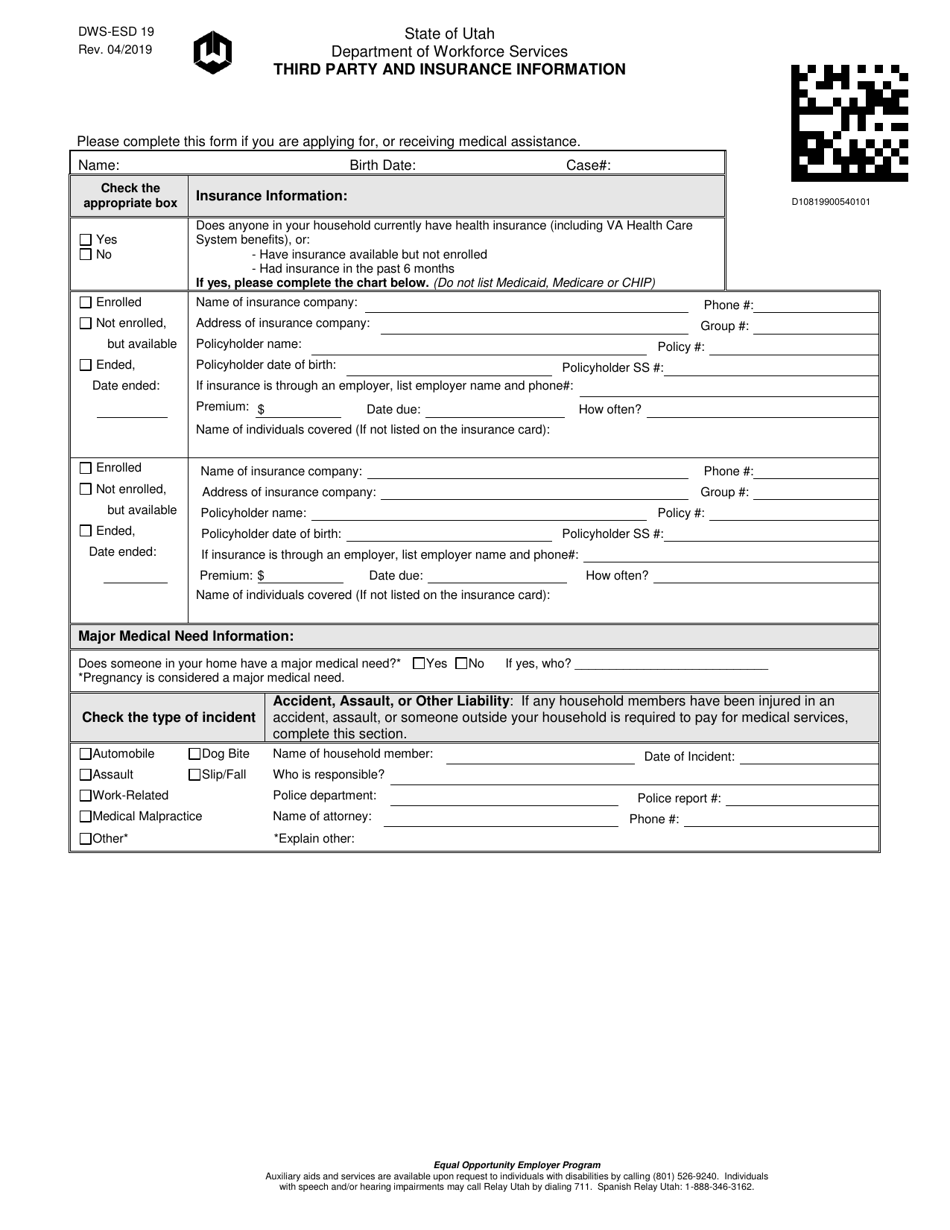Form DWS-ESD19 Third Party and Insurance Information - Utah, Page 1