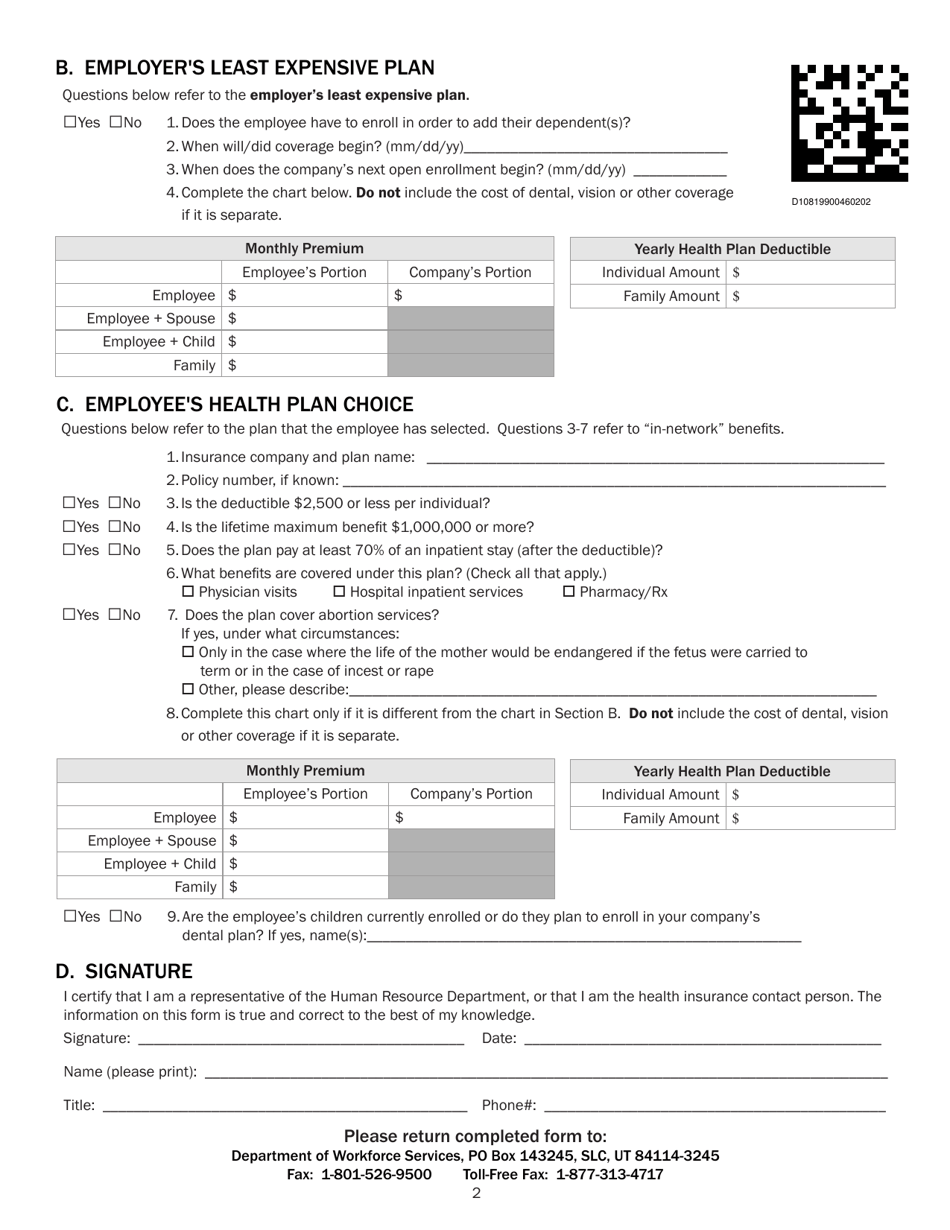 DOH Form 116M Employers Health Insurance Information - Utah, Page 2
