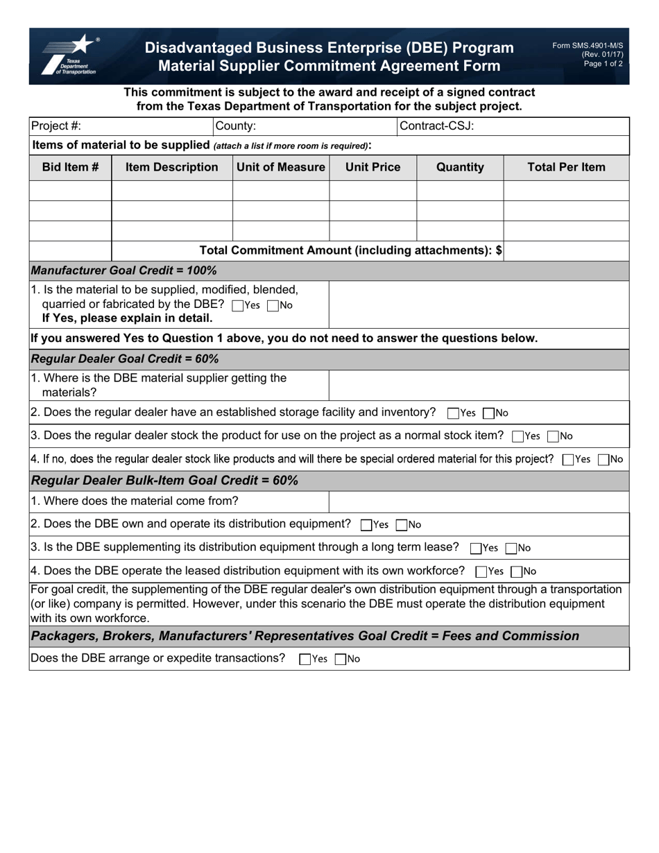 Form SMS.4901-M / S Dbe Program Material and Supplier Commitment Agreement - Texas, Page 1