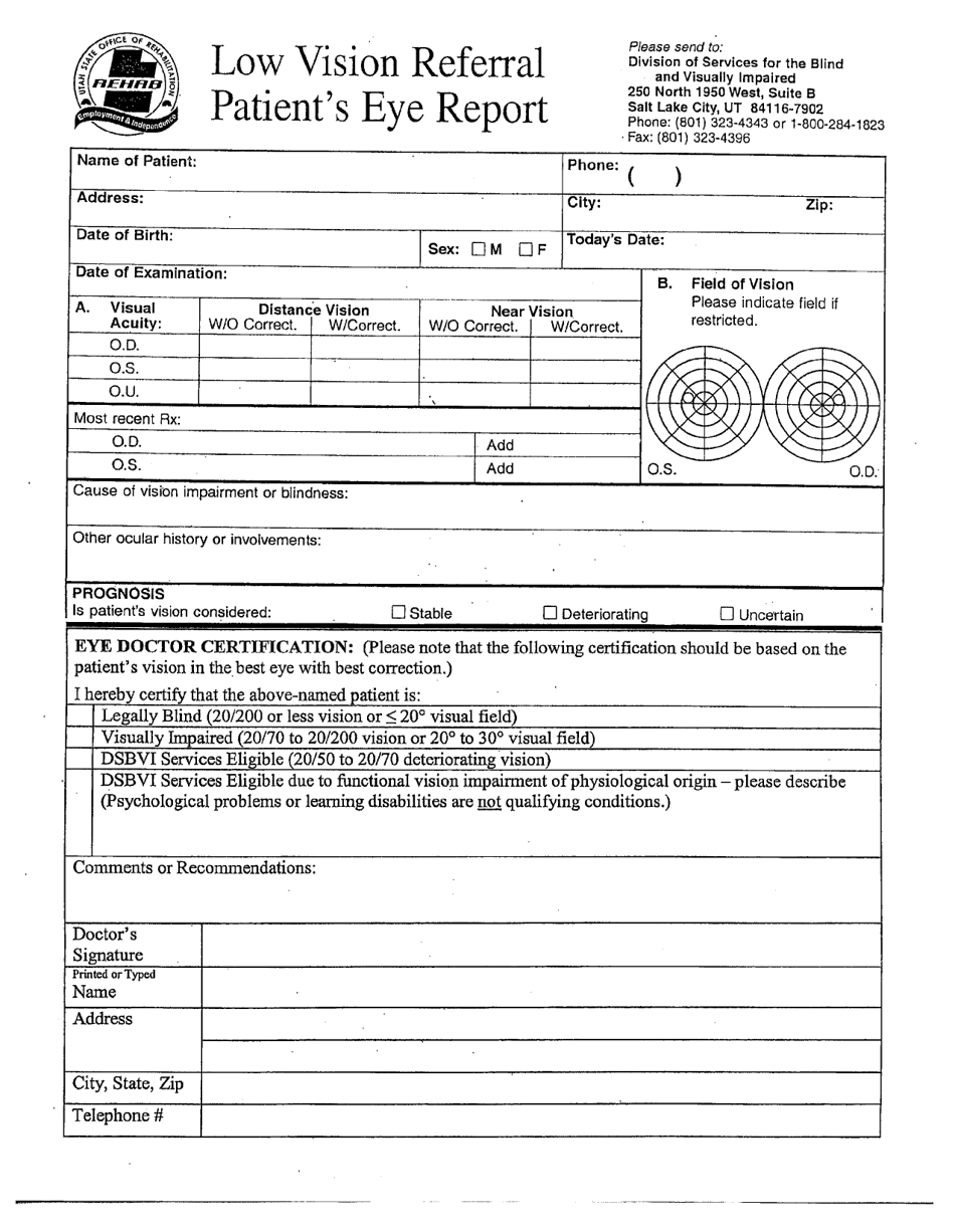 Low Vision Referral - Patients Eye Report - Utah, Page 1