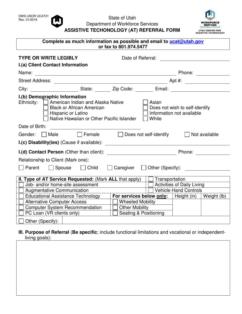 Form DWS-USOR UCAT01 Assistive Techonology (At) Referral Form - Utah, Page 1
