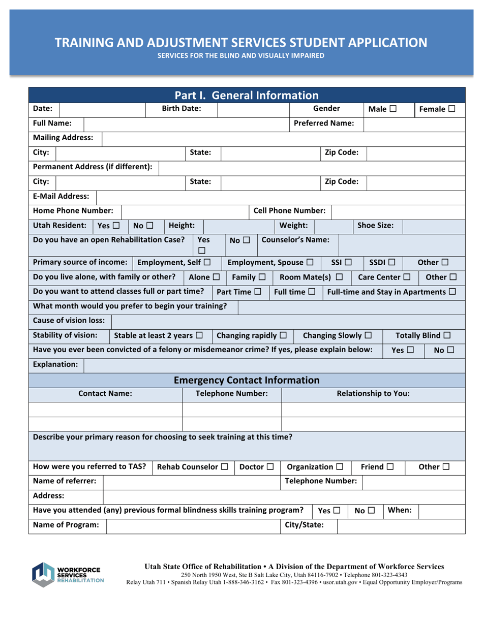 Training and Adjustment Services Student Application - Utah, Page 1