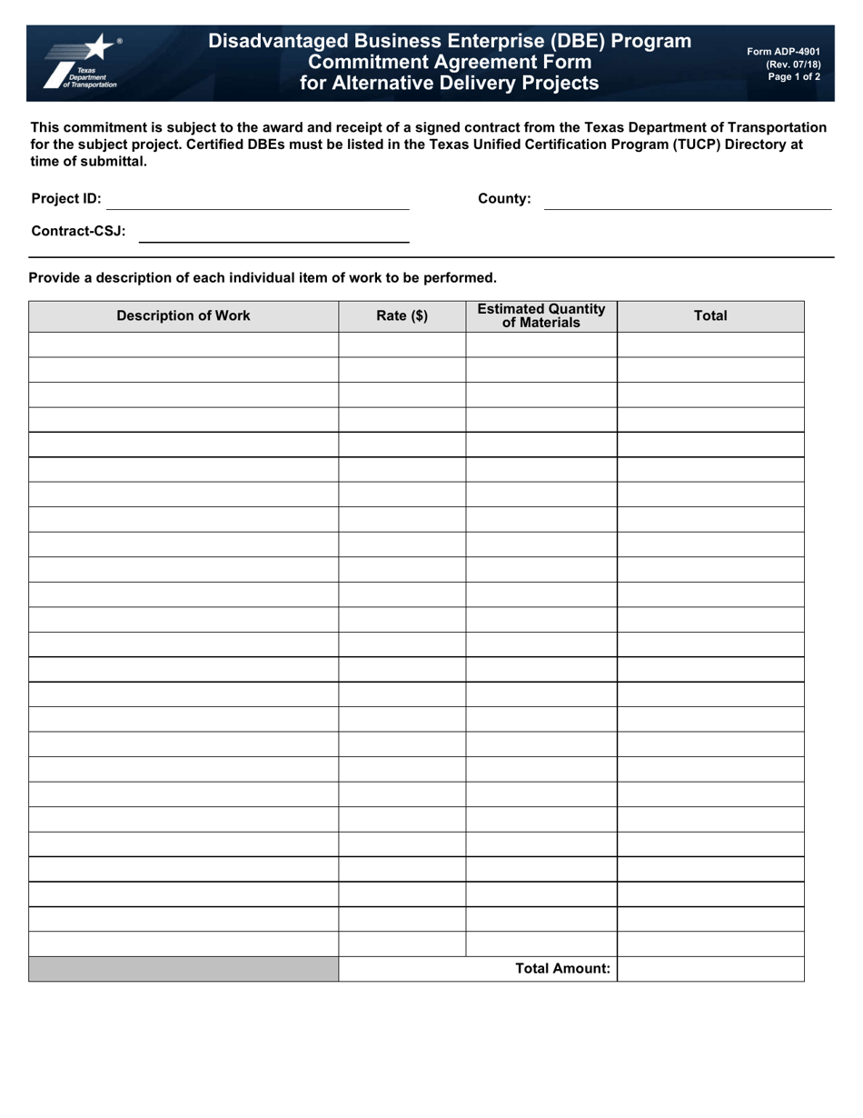 Form ADP-4901 Dbe Program Commitment Agreement Form for Alternative Delivery Projects - Texas, Page 1
