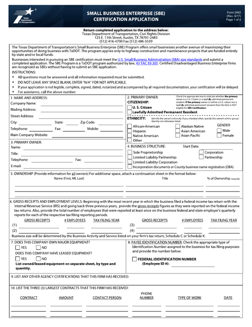 Form 2062 Small Business Enterprise (Sbe) Certification Application - Texas