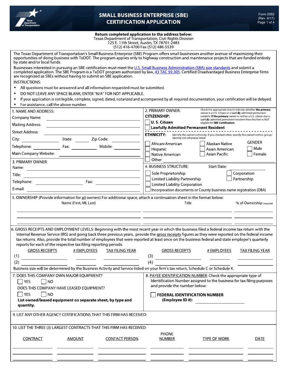 Form 2062 Small Business Enterprise (Sbe) Certification Application - Texas, Page 1