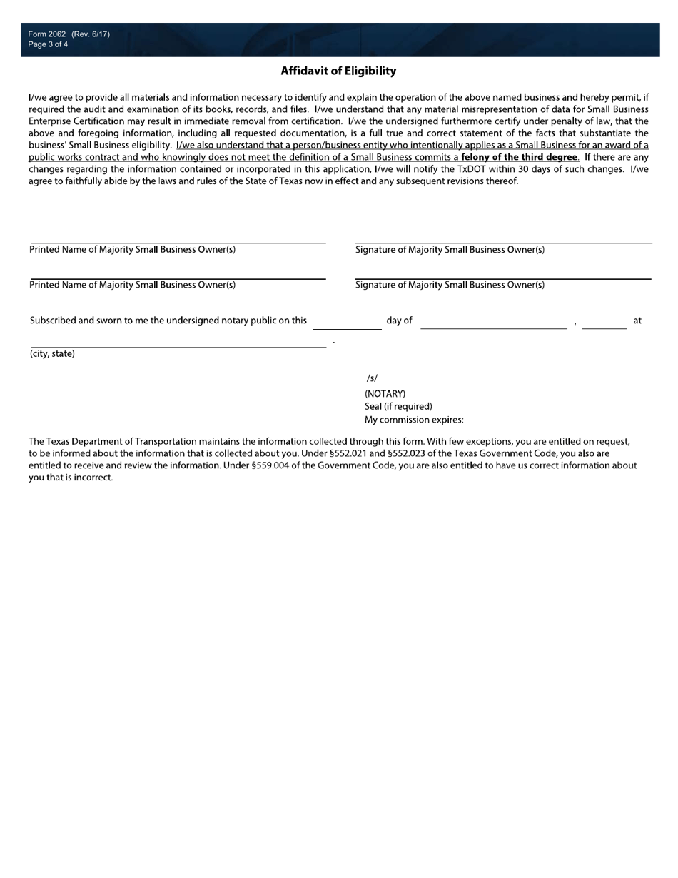 Form 2062 Small Business Enterprise (Sbe) Certification Application - Texas, Page 3