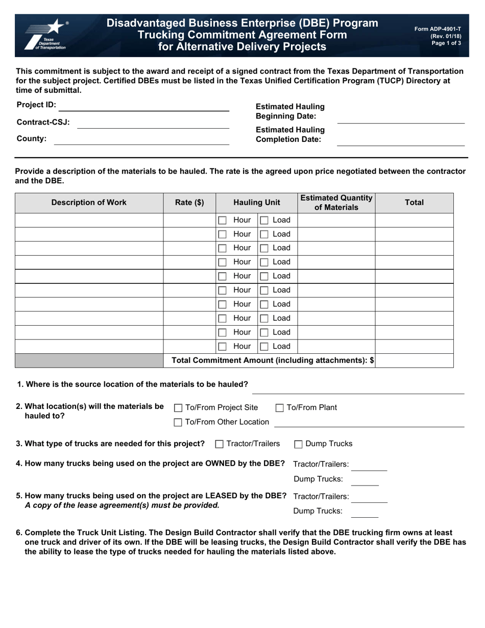Form ADP-4901-T Dbe Program Trucking Commitment Agreement Form for Alternative Delivery Projects - Texas, Page 1
