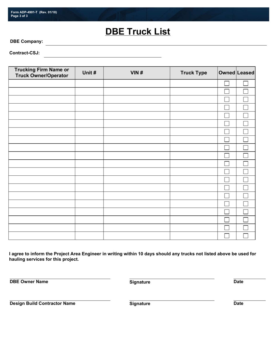Form ADP-4901-T Dbe Program Trucking Commitment Agreement Form for Alternative Delivery Projects - Texas, Page 3