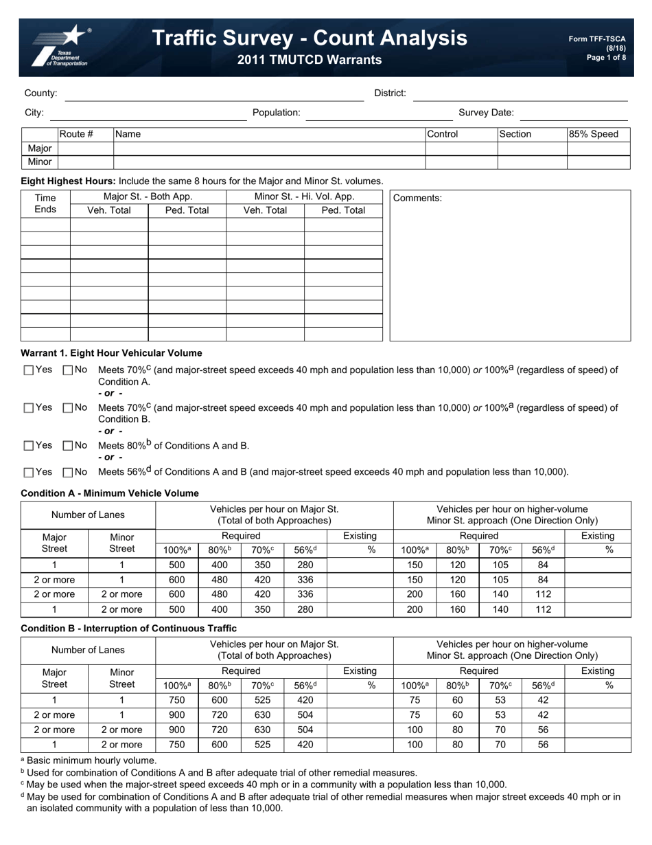 Form TFF-TSCA Traffic Survey - Count Analysis - Texas, Page 1