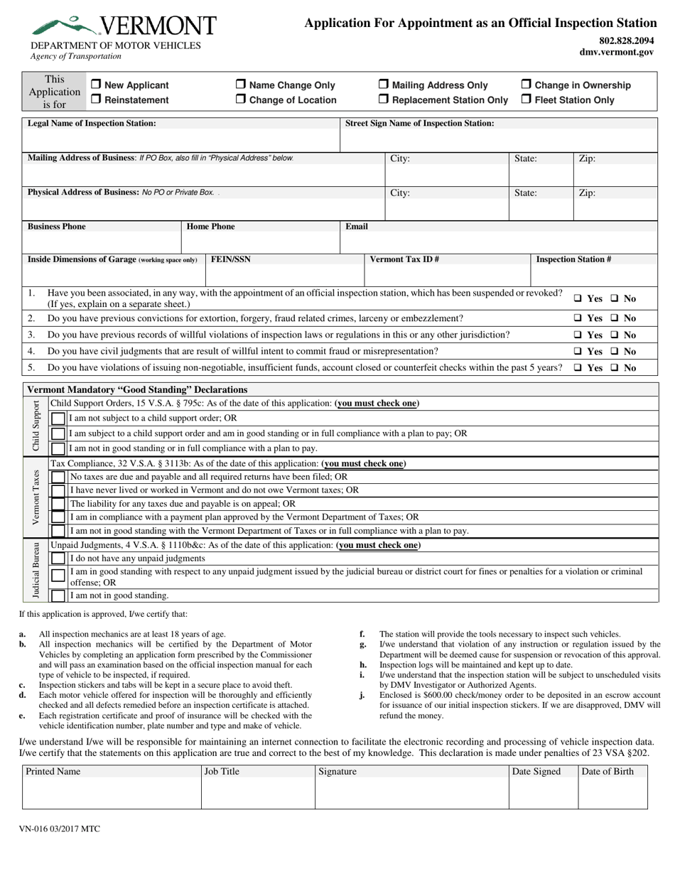 Form VN-016 Application for Appointment as an Official Inspection Station - Vermont, Page 1