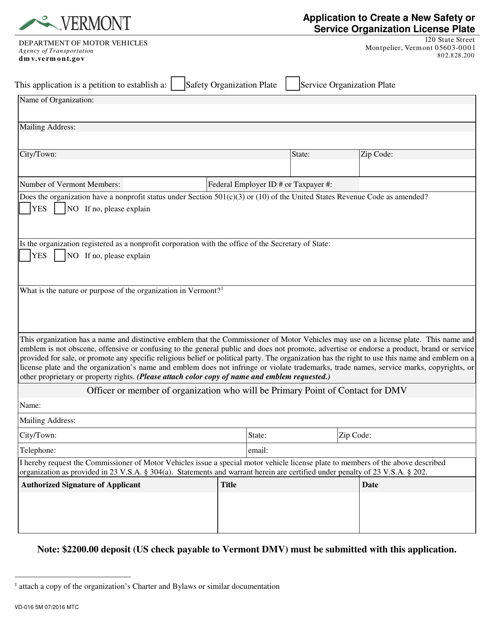 Form VD-016 Application to Create a New Safety or Service Organization License Plate - Vermont