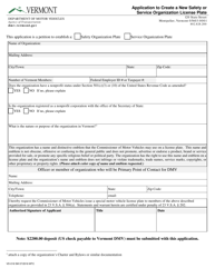 Form VD-016 Application to Create a New Safety or Service Organization License Plate - Vermont