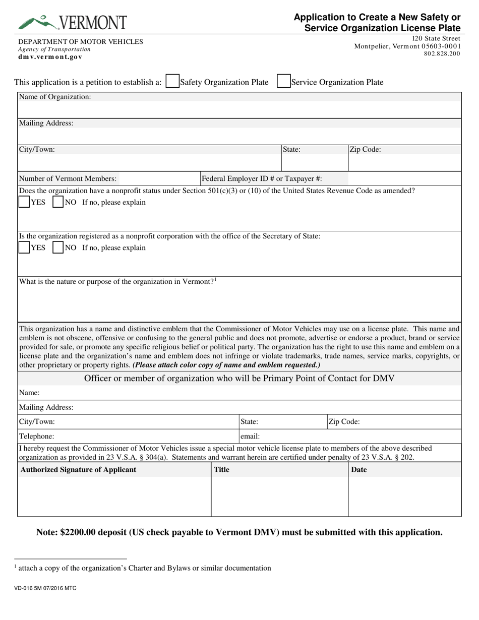Form VD-016 Application to Create a New Safety or Service Organization License Plate - Vermont, Page 1