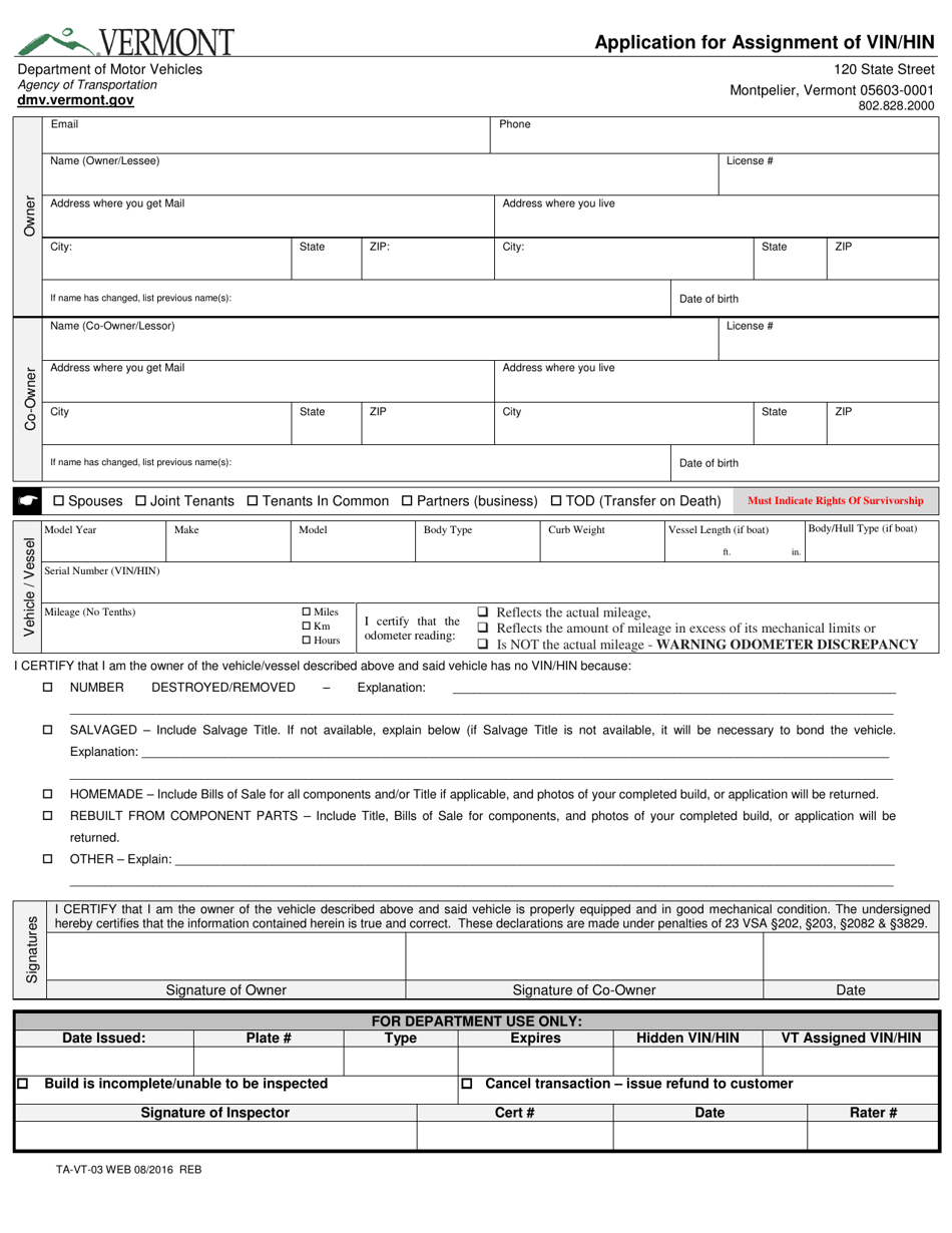 Form TA-VT-03 Application for Assignment of Vin / Hin - Vermont, Page 1