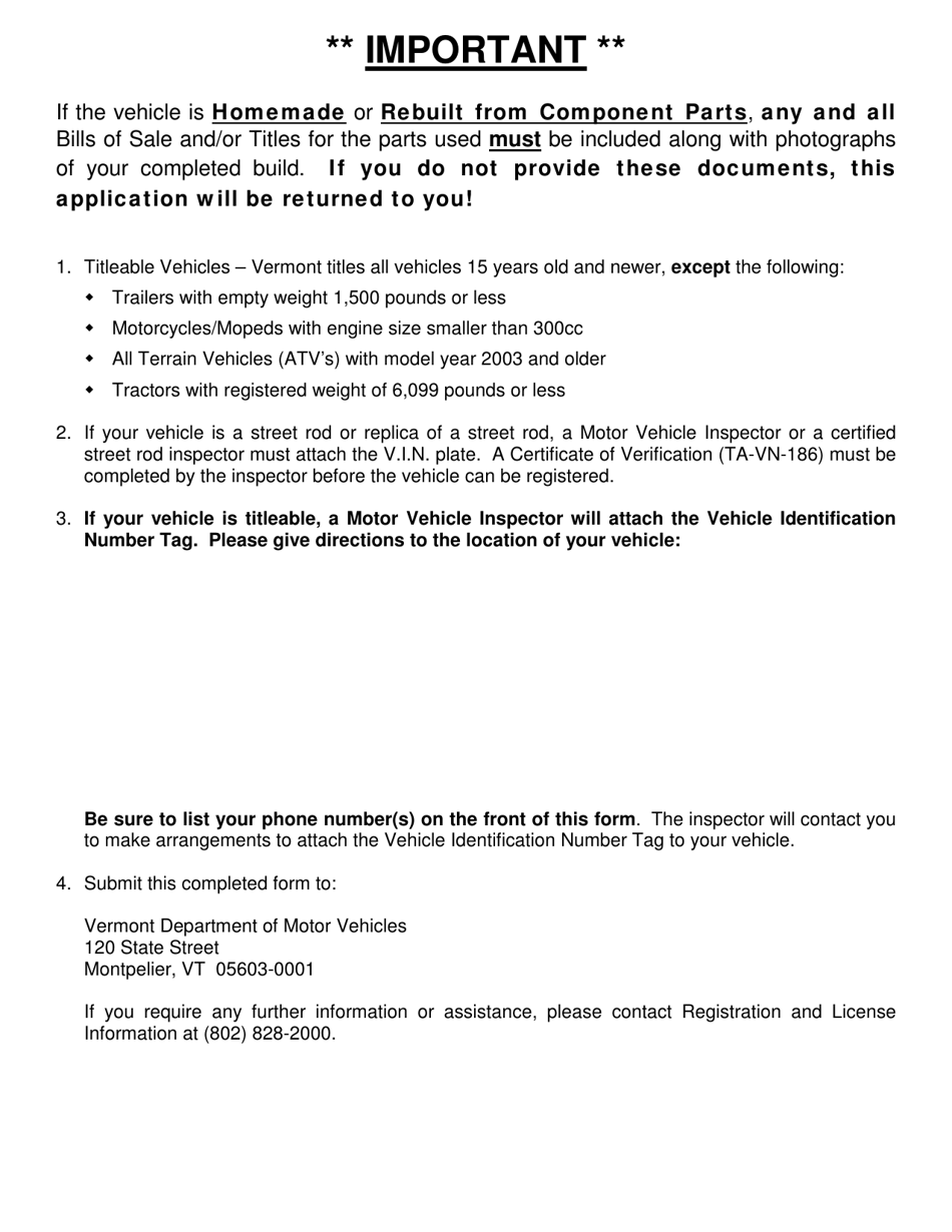 Form TA-VT-03 Application for Assignment of Vin / Hin - Vermont, Page 2