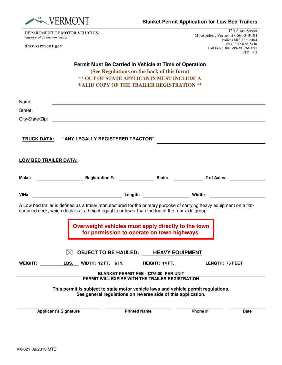 Form VX-021 Blanket Permit Application for Low Bed Trailers - Vermont, Page 1