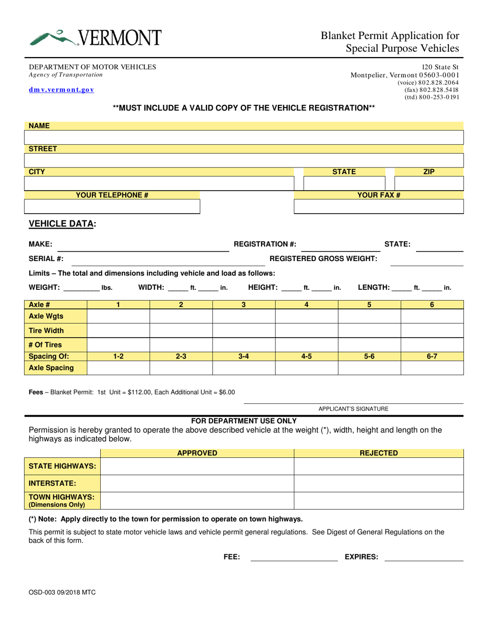 Form OSD-003 Blanket Permit Application for Special Purpose Vehicles - Vermont, Page 1