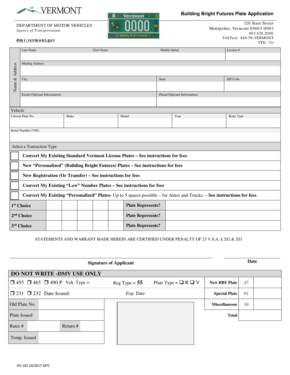 Form VD-102 Building Bright Futures Plate Application - Vermont, Page 1