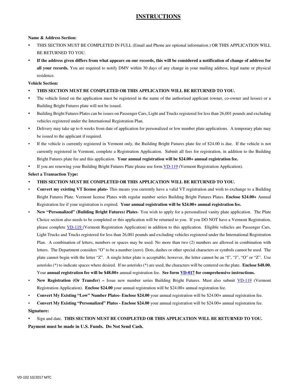 Form VD-102 Building Bright Futures Plate Application - Vermont, Page 2