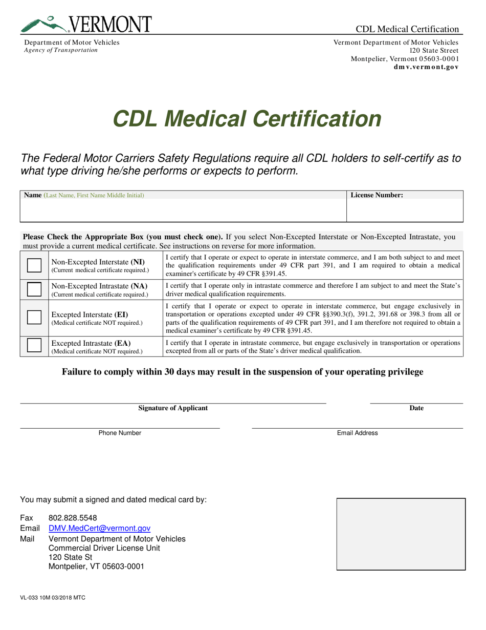 Form VL-033 Cdl Medical Certification - Vermont, Page 1