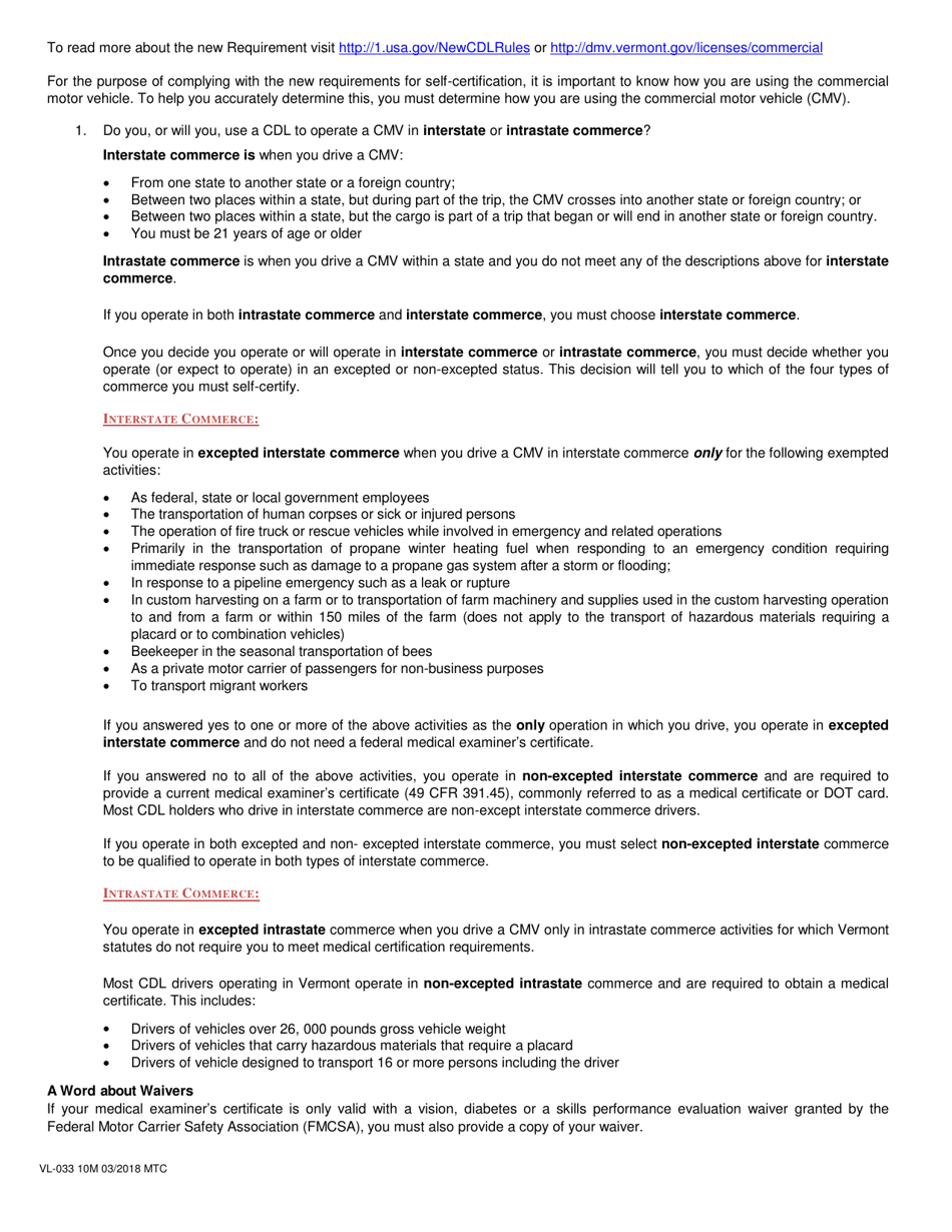 Form VL-033 Cdl Medical Certification - Vermont, Page 2