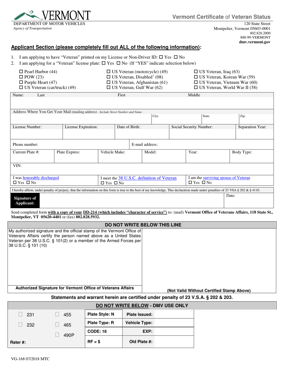 Form VG168 Fill Out, Sign Online and Download Fillable PDF, Vermont