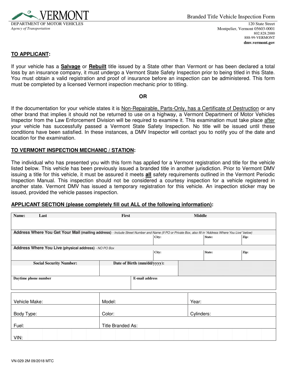 Form VN-029 Branded Title Vehicle Inspection Form - Vermont, Page 1