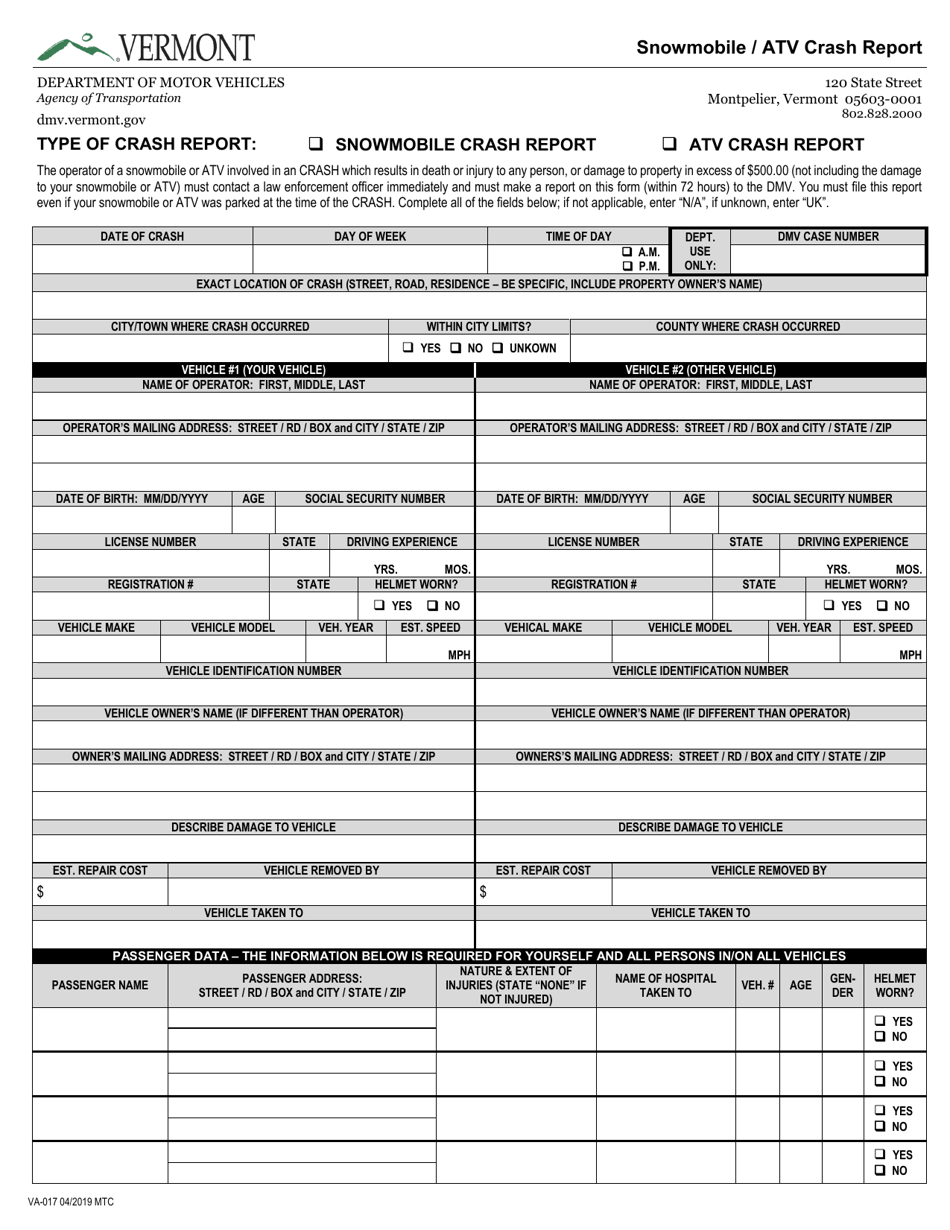 Form VA-017 Snowmobile / Atv Crash Report - Vermont, Page 1