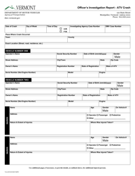 Document preview: Form VA-019 Officer's Investigation Report - Atv Crash - Vermont