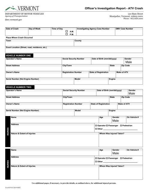 Form VA-019 Officer's Investigation Report - Atv Crash - Vermont
