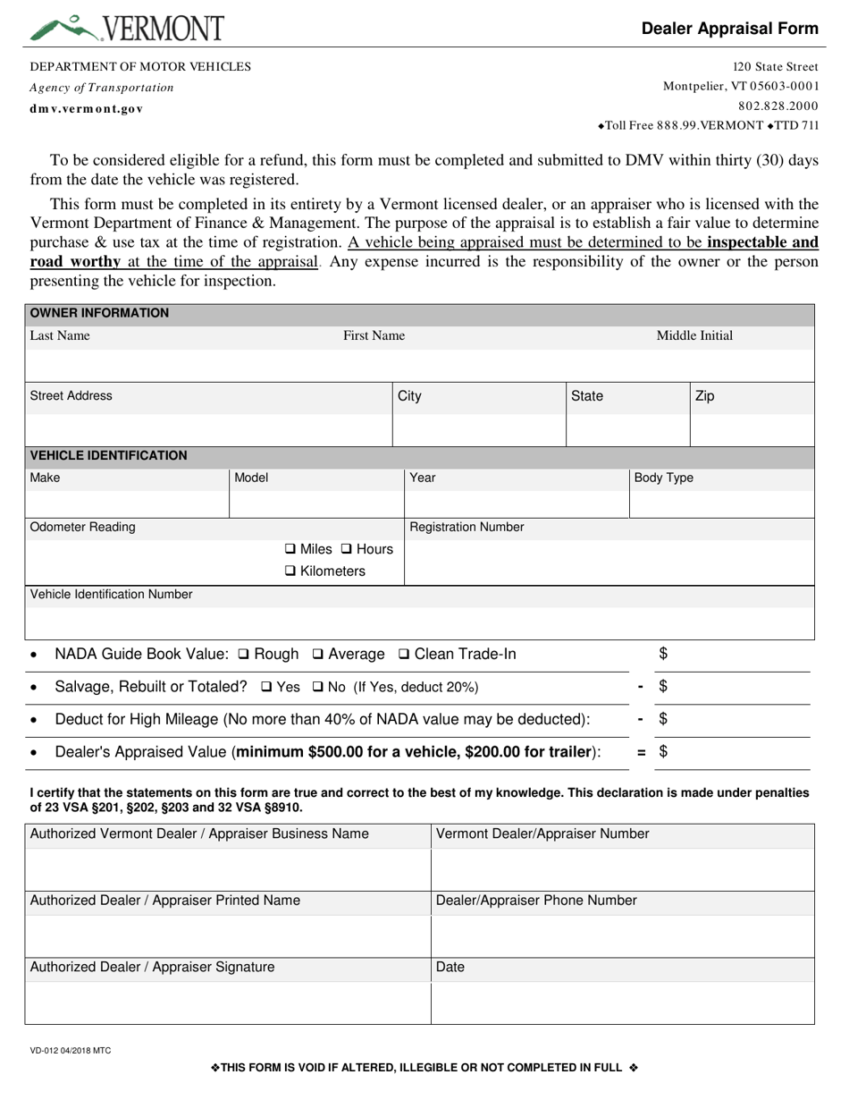 Form VD-012 Dealer Appraisal Form - Vermont, Page 1
