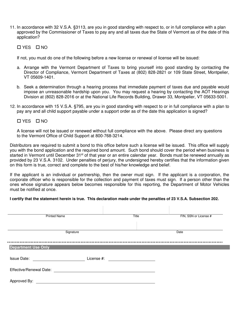 Form CVO-06 Diesel Dealer / Distributor License Application - Vermont, Page 2