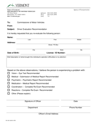 Document preview: Form VS-149 Driver Evaluation Recommendation Form - Vermont