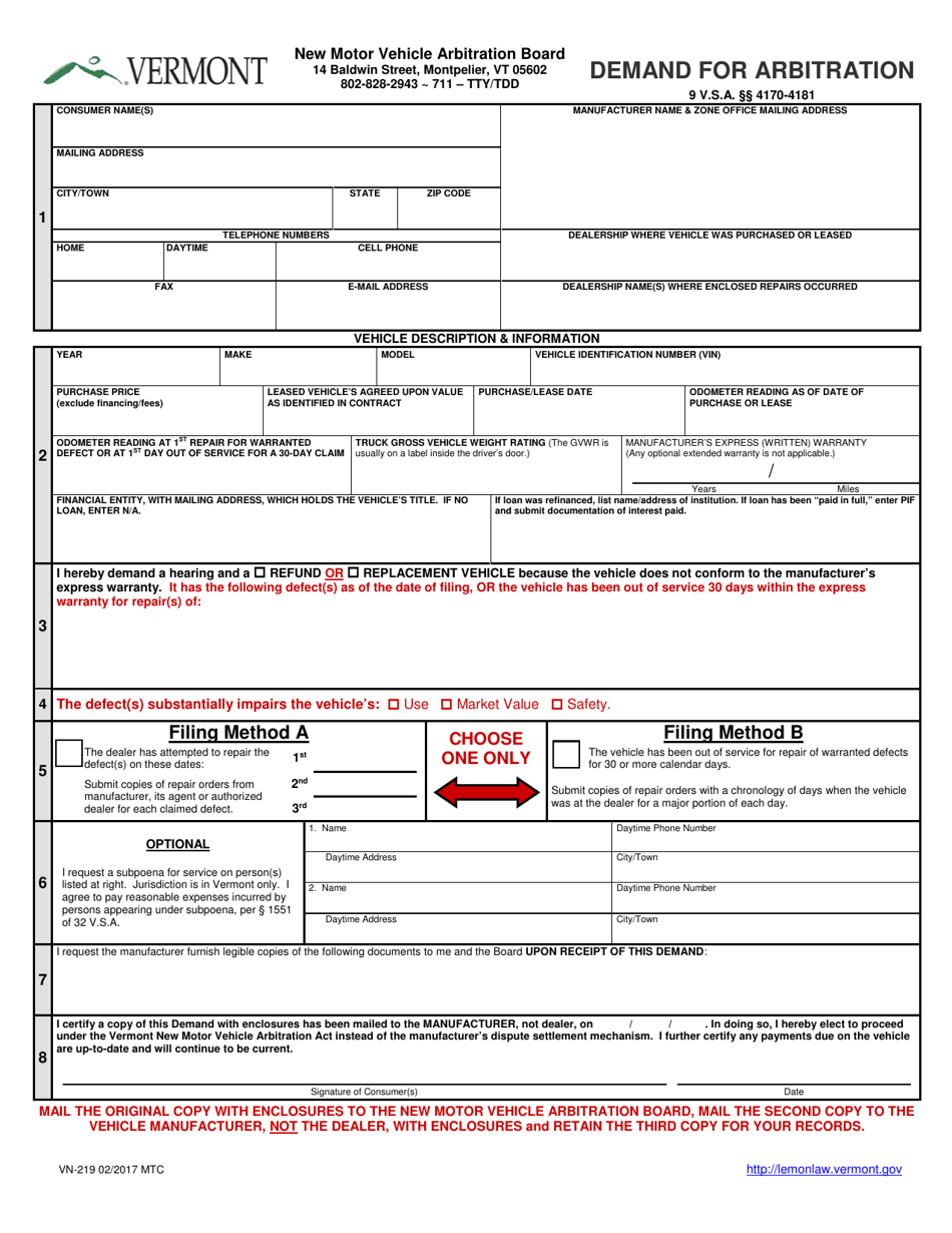 Form VN-219 Demand for Arbitration - Vermont, Page 3