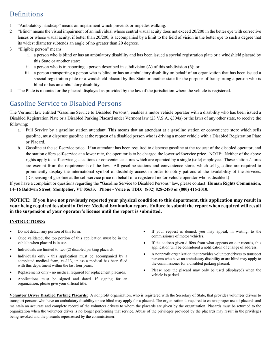 Form VD-120 Disabled Parking Placard Application - Vermont, Page 2