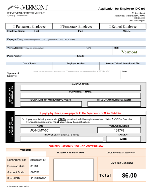Form VG-098 Application for Employee Id Card - Vermont
