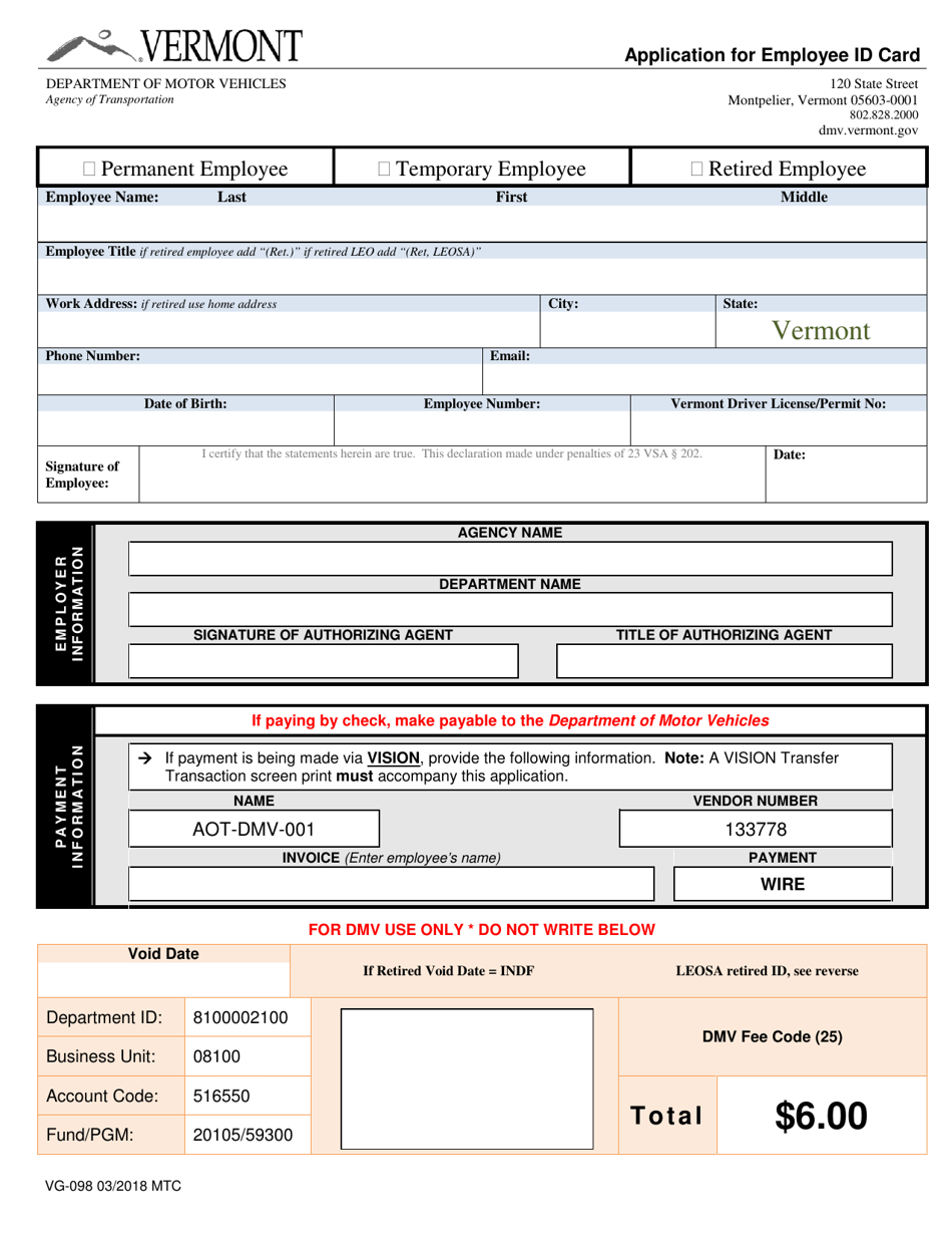 Form VG-098 Application for Employee Id Card - Vermont, Page 1
