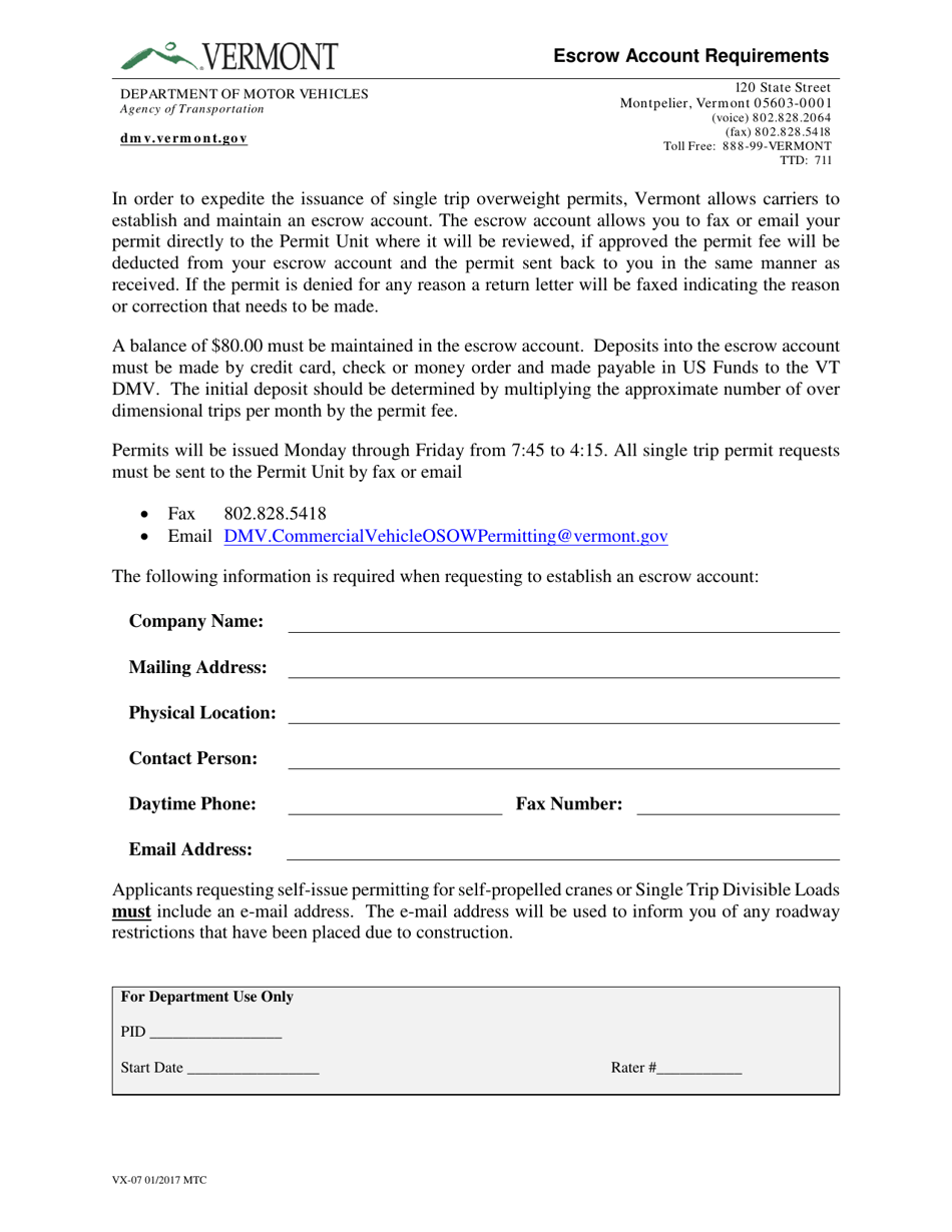 Form Vx 07 Download Fillable Pdf Or Fill Online Escrow Account